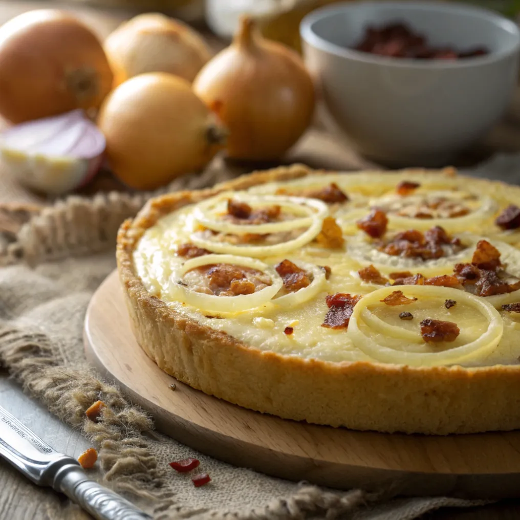 Frisch gebackener Landfrauen Zwiebelkuchen mit goldbrauner Oberfläche und cremiger Zwiebelfüllung auf einem rustikalen Holztisch.