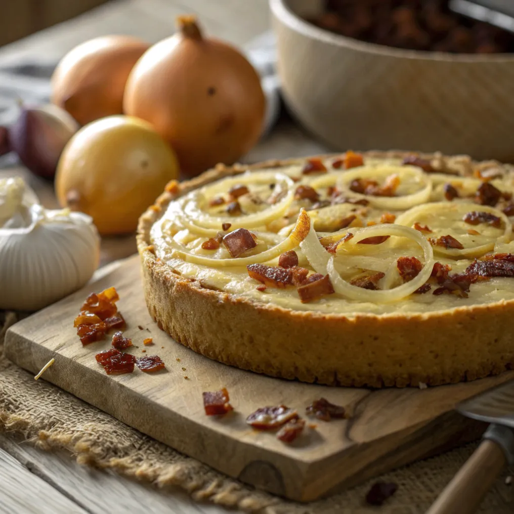 Frisch gebackener Landfrauen Zwiebelkuchen mit goldbrauner Oberfläche und cremiger Zwiebelfüllung auf einem rustikalen Holztisch.