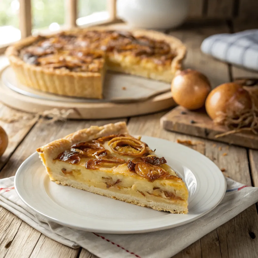 Frisch gebackener Landfrauen Zwiebelkuchen mit goldbrauner Oberfläche und cremiger Zwiebelfüllung auf einem rustikalen Holztisch.