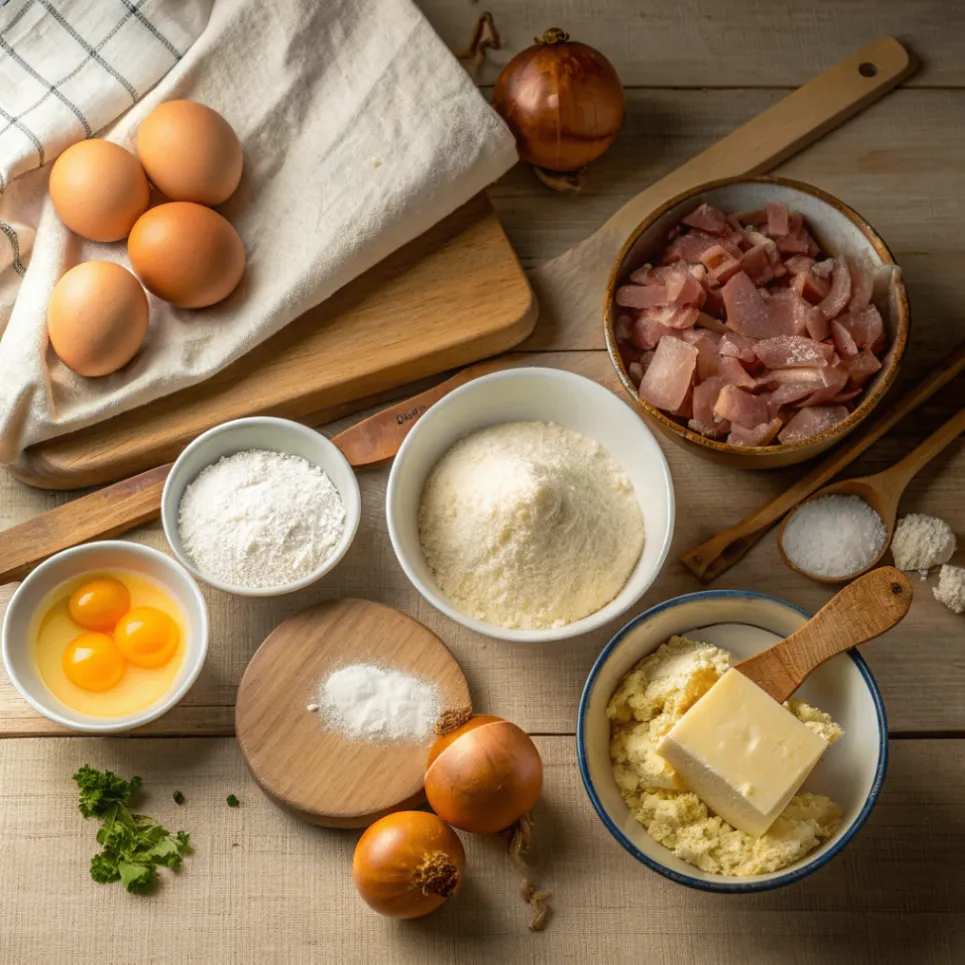 Alle Zutaten für Landfrauen Zwiebelkuchen auf einem Holzbrett: Mehl, Eier, Butter, Zwiebeln, Sahne und Speck