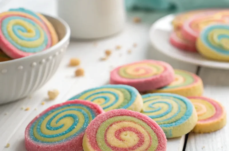 Magische Spiralkekse mit bunten Spiralmustern auf hellem Tisch frisch gebacken