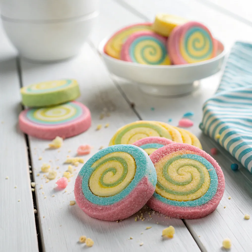 Magische Spiralkekse mit bunten Spiralmustern auf hellem Tisch frisch gebacken