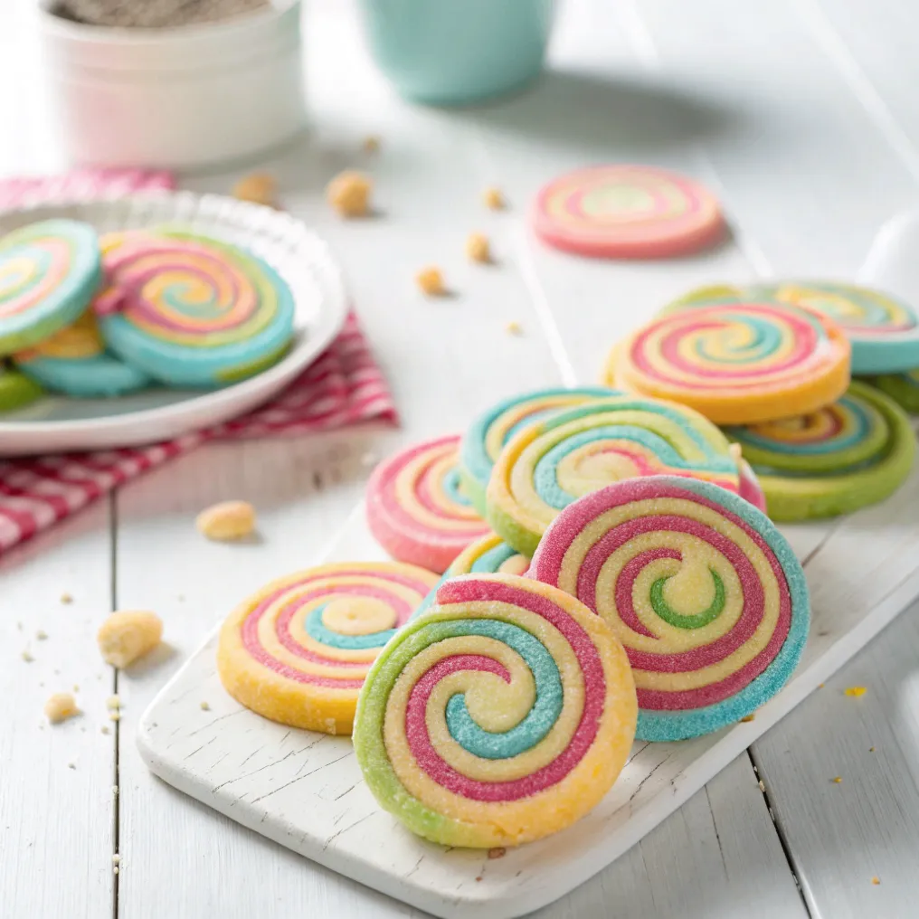 Magische Spiralkekse mit bunten Spiralmustern auf hellem Tisch frisch gebacken