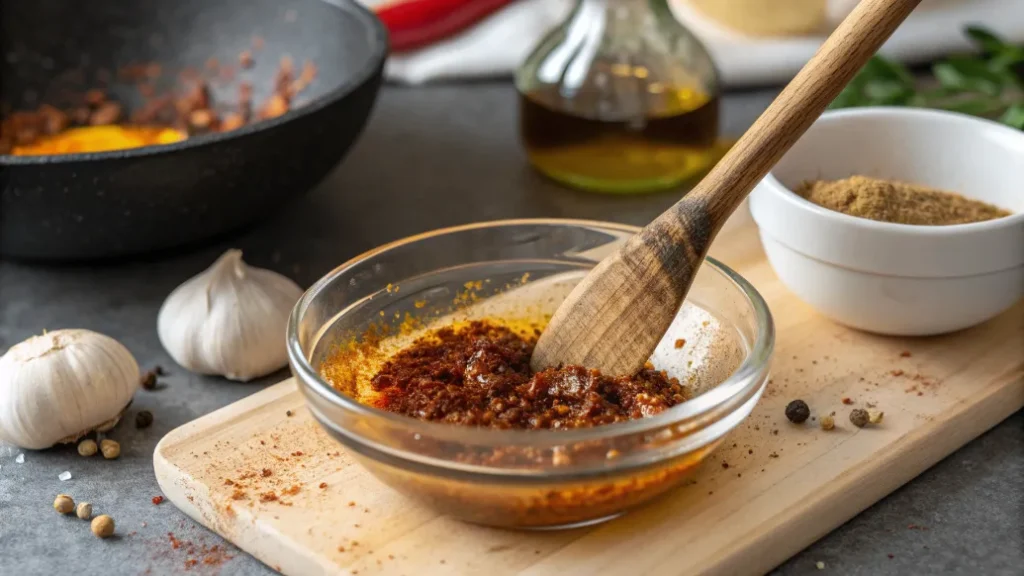 Gewürzmischung in Schüssel mit Olivenöl, Paprika, Knoblauchpulver und Honig