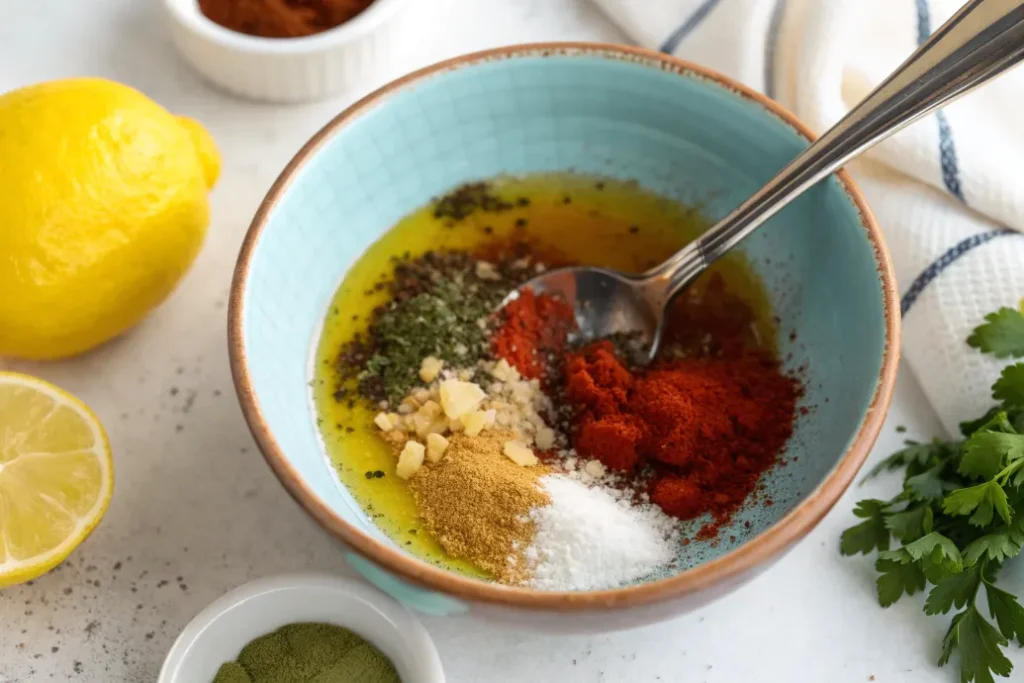 Marinade aus Olivenöl, Sojasauce, Zitrone und Gewürzen