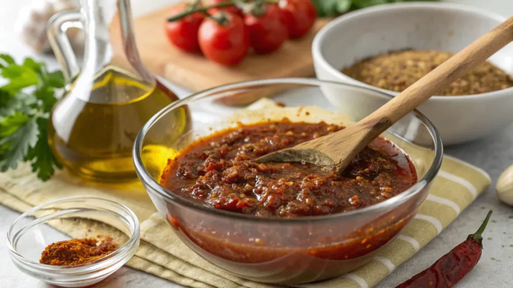 Marinade aus Honig, Tomatenmark und Gewürzen in einer Schüssel