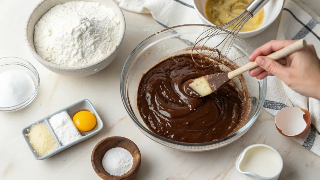 Mehl, Salz und Vanilleextrakt werden vorsichtig in den Brownieteig eingearbeitet