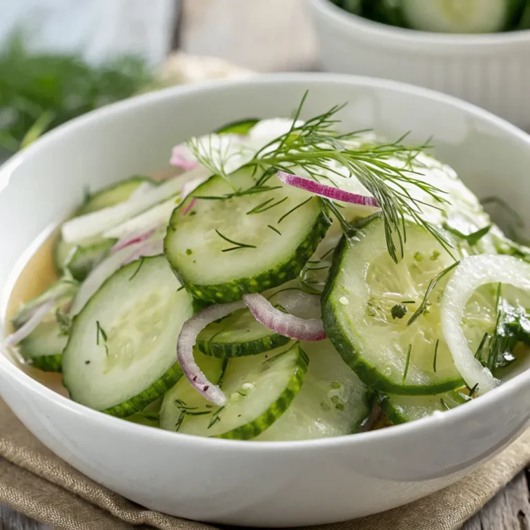 Omas Gurkensalat süß-sauer in einer rustikalen Schüssel, garniert mit frischem Dill und leichtem süß-sauren Dressing
