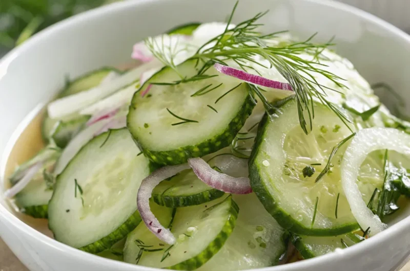 Omas Gurkensalat süß-sauer in einer rustikalen Schüssel, garniert mit frischem Dill und leichtem süß-sauren Dressing