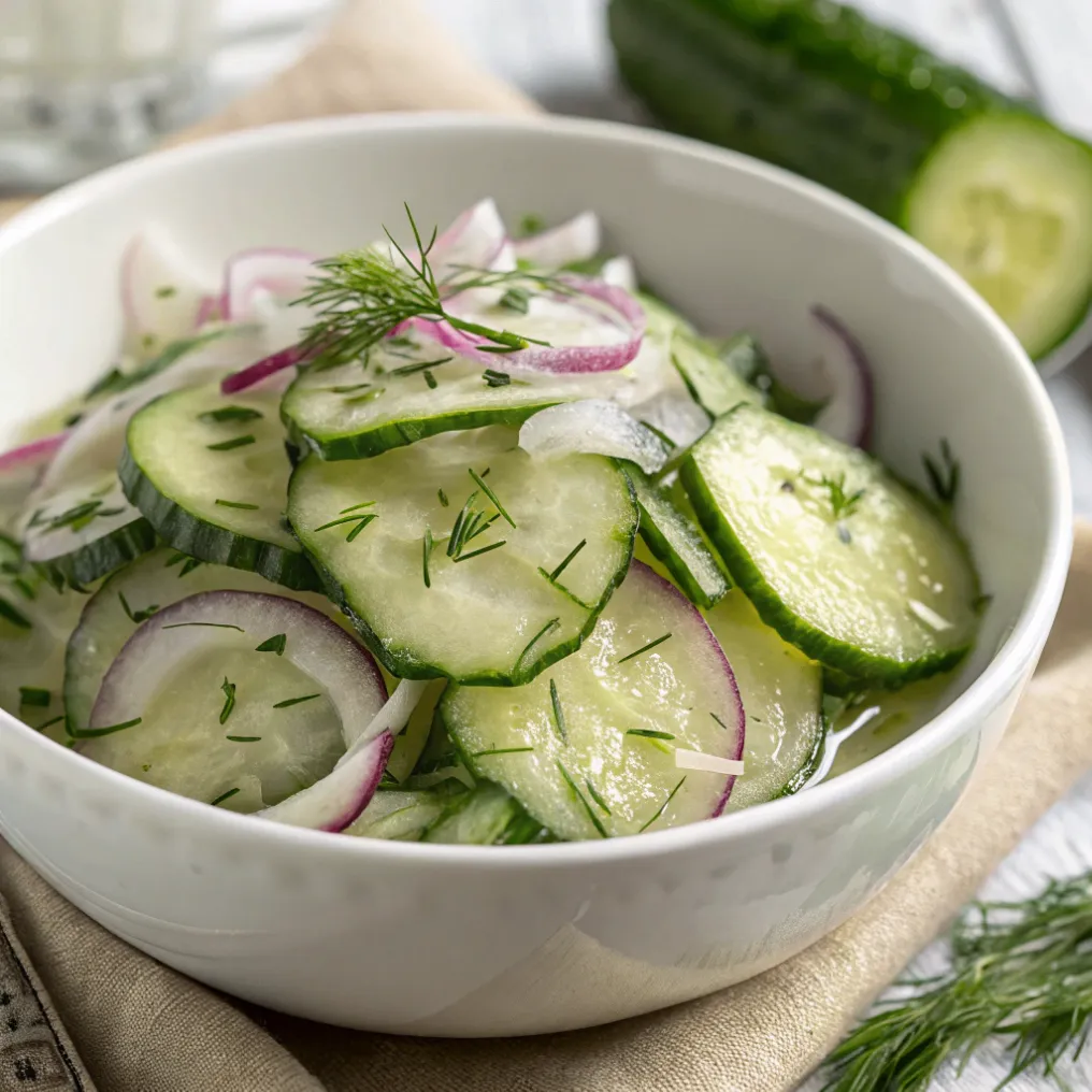 Omas Gurkensalat süß-sauer in einer rustikalen Schüssel, garniert mit frischem Dill und leichtem süß-sauren Dressing