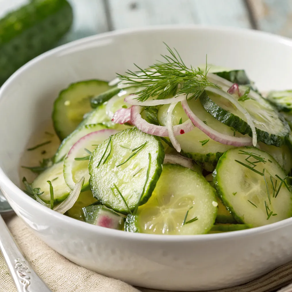 Omas Gurkensalat süß-sauer in einer rustikalen Schüssel, garniert mit frischem Dill und leichtem süß-sauren Dressing