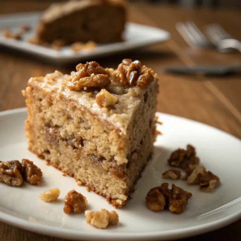 Frisch gebackener saftiger Walnusskuchen mit Walnüssen und Puderzucker auf rustikalem Holztisch