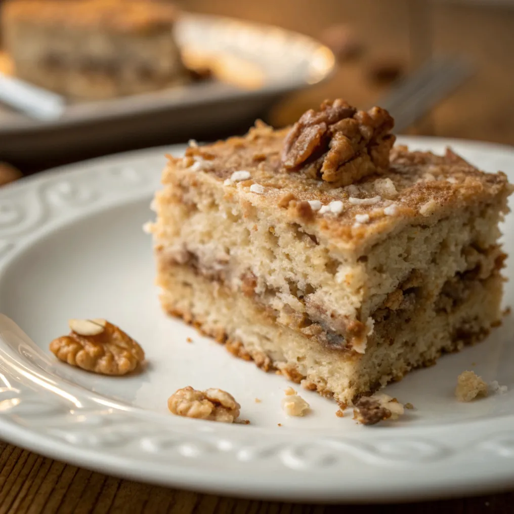 Frisch gebackener saftiger Walnusskuchen mit Walnüssen und Puderzucker auf rustikalem Holztisch