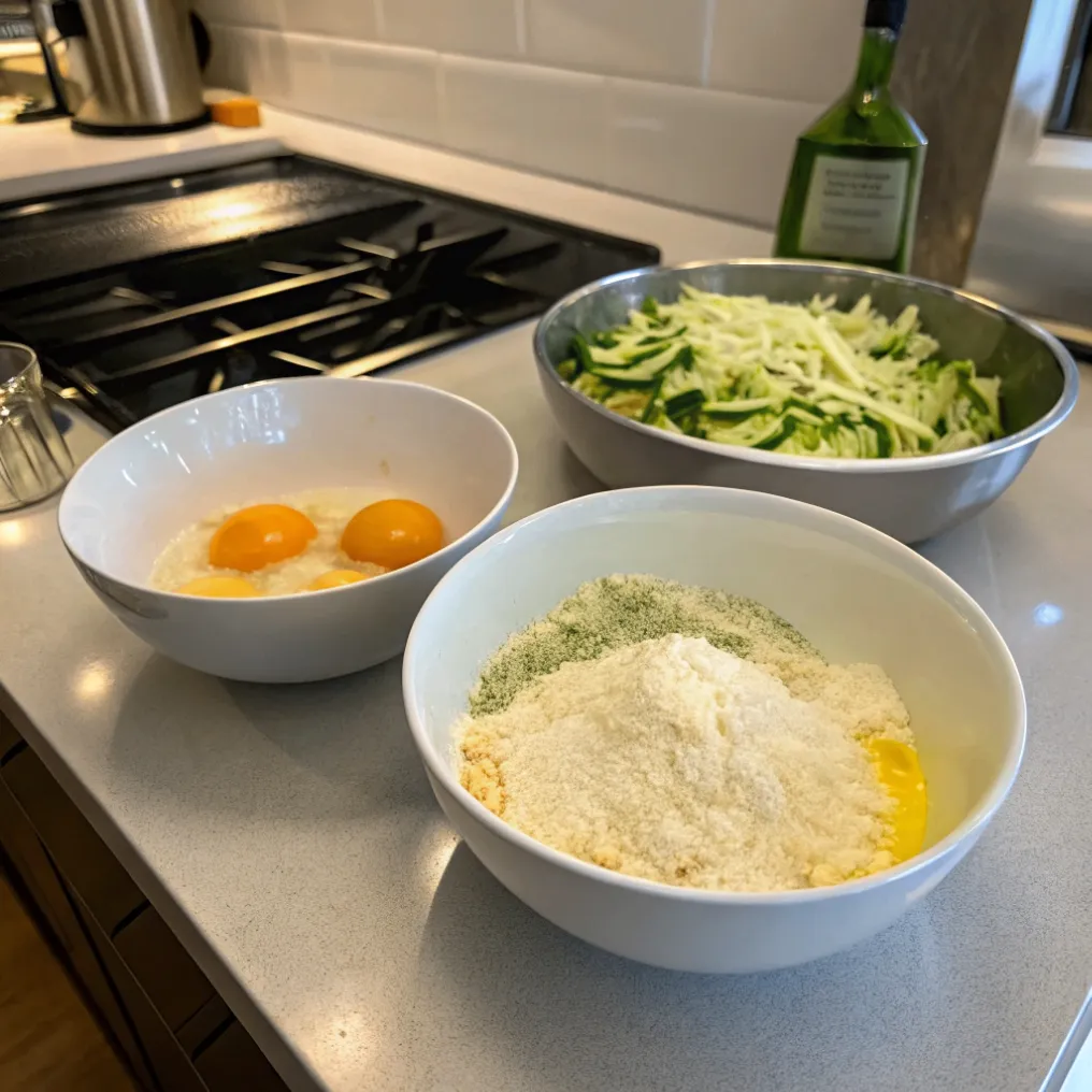 Schüssel mit verquirlten Eiern und Schüssel mit Paniermehl und Parmesan für Zucchini-Panade
