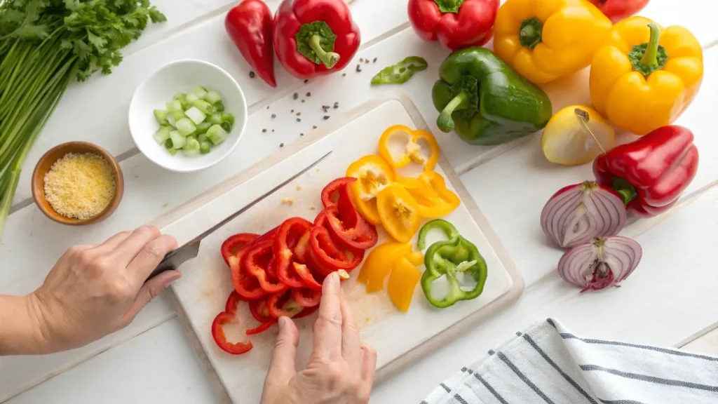 Top-down Ansicht von geschnittenen Paprika und Zwiebeln zur Vorbereitung für klassisches Schaschlik mit würziger Soße