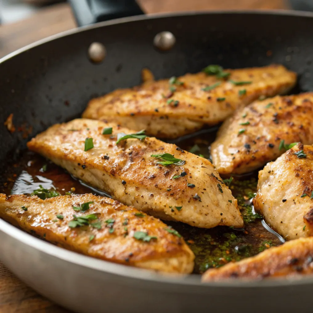 Hähnchenbruststreifen marinieren und braten auf einem Teller mit frischen Kräutern und Beilagen, saftig und goldbraun