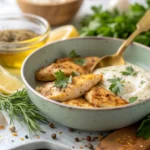 Hähnchenbruststreifen marinieren und braten auf einem Teller mit frischen Kräutern und Beilagen, saftig und goldbraun