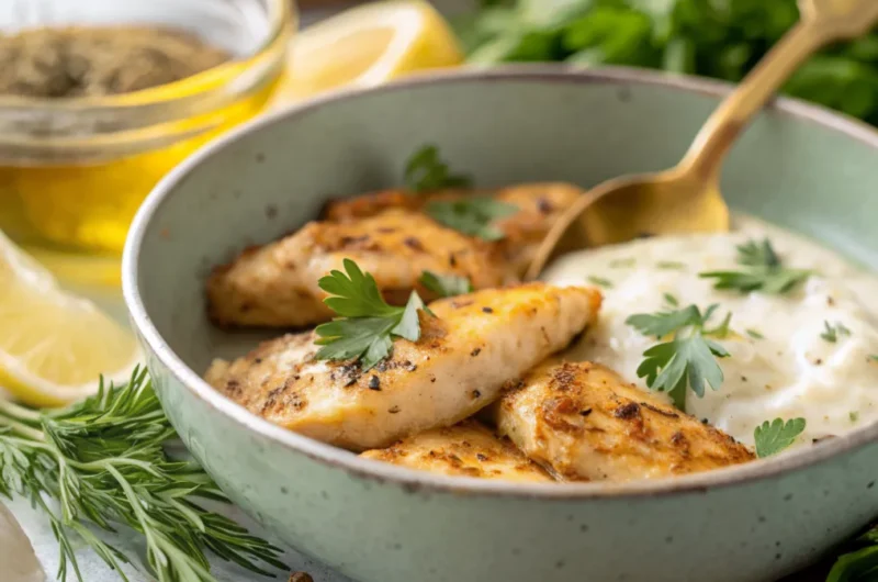Hähnchenbruststreifen marinieren und braten auf einem Teller mit frischen Kräutern und Beilagen, saftig und goldbraun