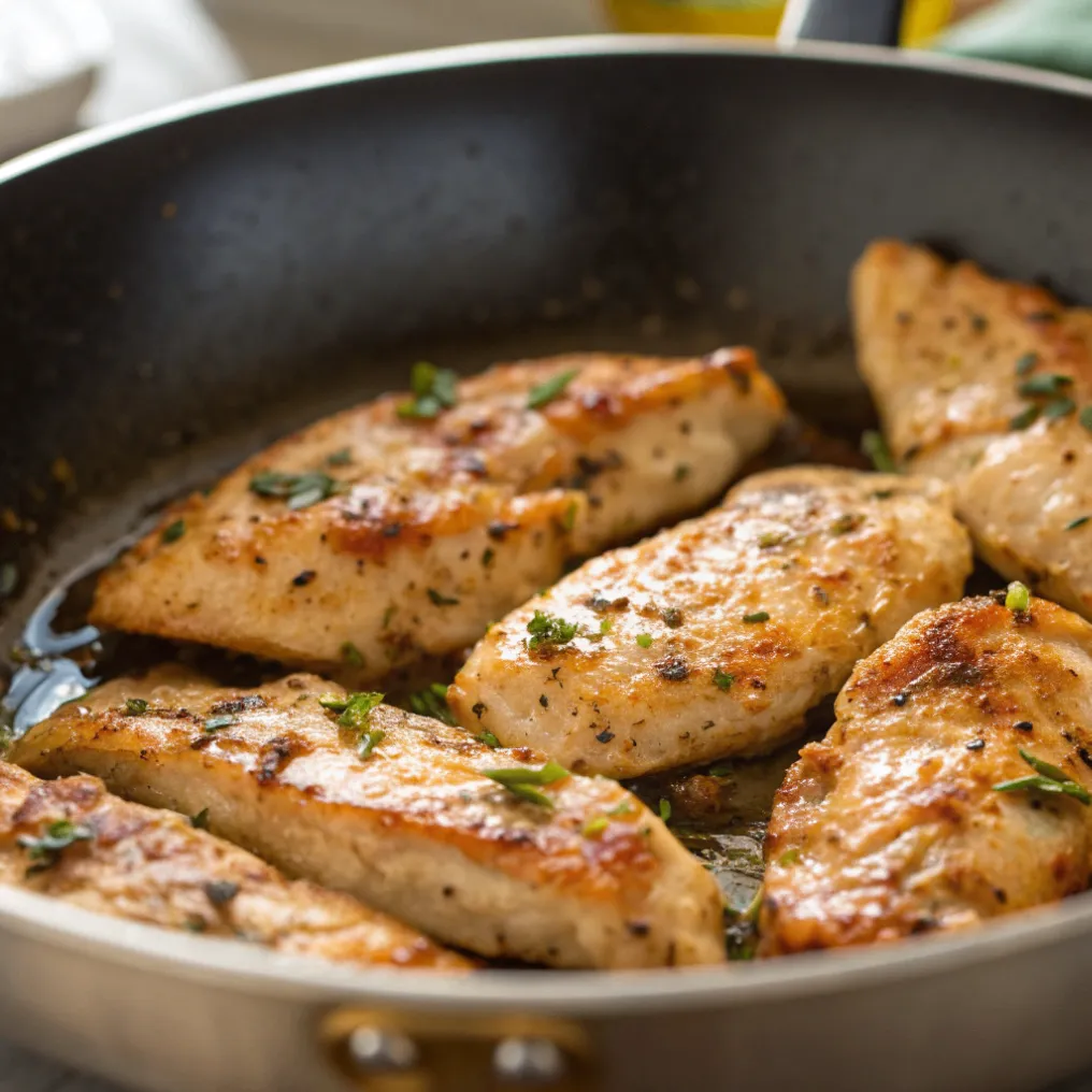 Hähnchenbruststreifen marinieren und braten auf einem Teller mit frischen Kräutern und Beilagen, saftig und goldbraun