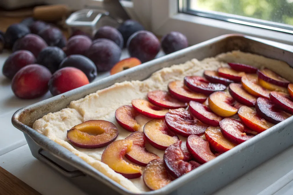 Halbierte Pflaumen werden dicht an dicht auf den Quark-Öl-Teig gelegt.
