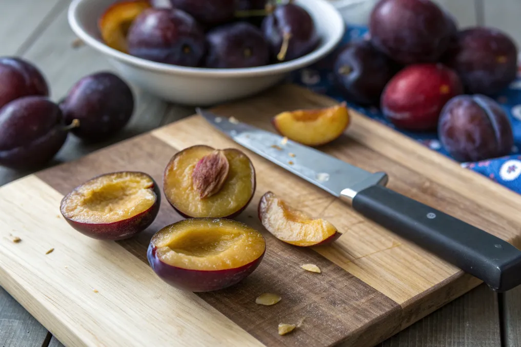 Pflaumen halbieren für Pflaumenkuchen
