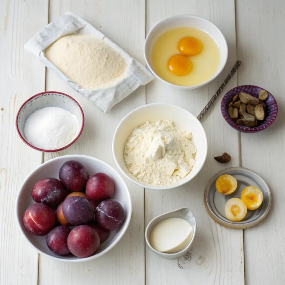 Zutaten für Pflaumenkuchen mit Quark Öl Teig auf Holztisch von oben fotografiert