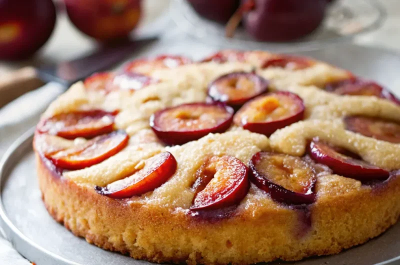 Frisch gebackener Pflaumenkuchen mit Quark-Öl-Teig mit saftigen Pflaumen auf goldgelbem Teig