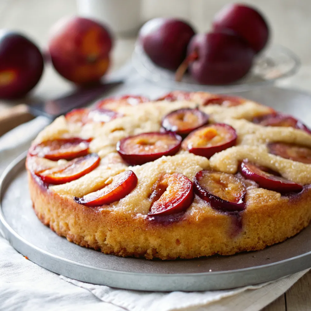 Frisch gebackener Pflaumenkuchen mit Quark-Öl-Teig mit saftigen Pflaumen auf goldgelbem Teig