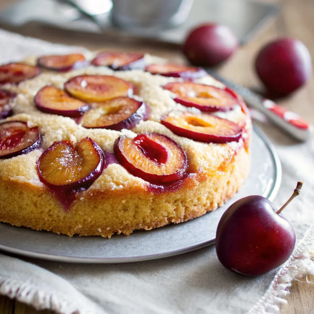 Frisch gebackener Pflaumenkuchen mit Quark-Öl-Teig mit saftigen Pflaumen auf goldgelbem Teig