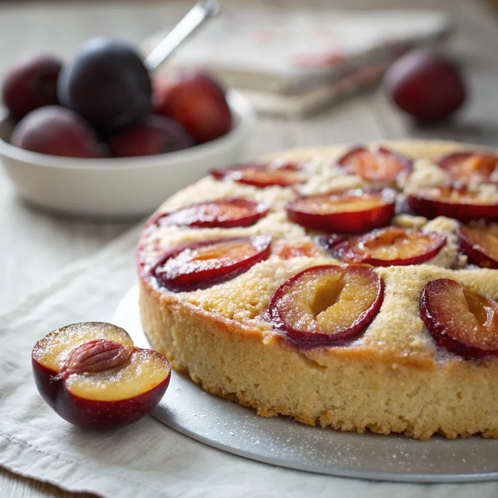 Frisch gebackener Pflaumenkuchen mit Quark-Öl-Teig mit saftigen Pflaumen auf goldgelbem Teig