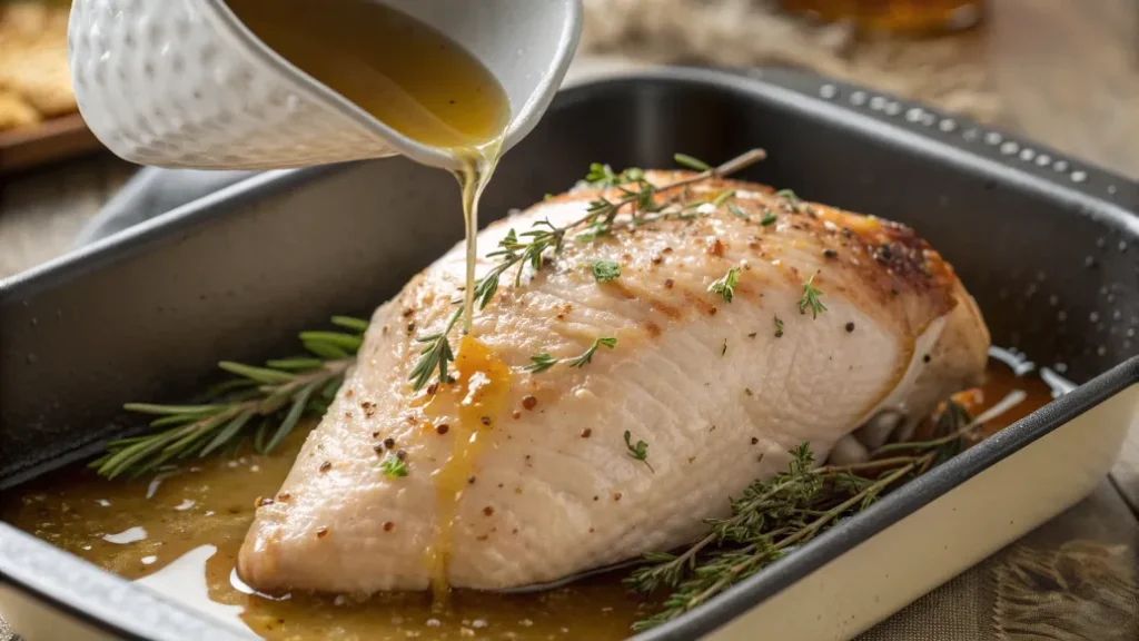 Saftige Putenbrust aus dem Backofen gart goldbraun in der Auflaufform