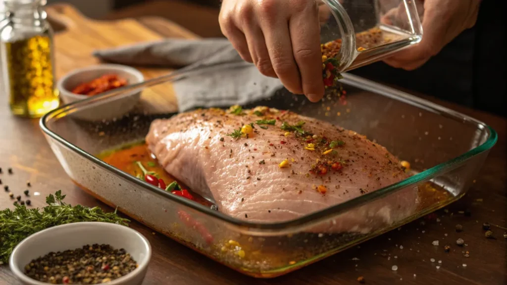 Saftige Putenbrust aus dem Backofen wird mit Marinade eingerieben