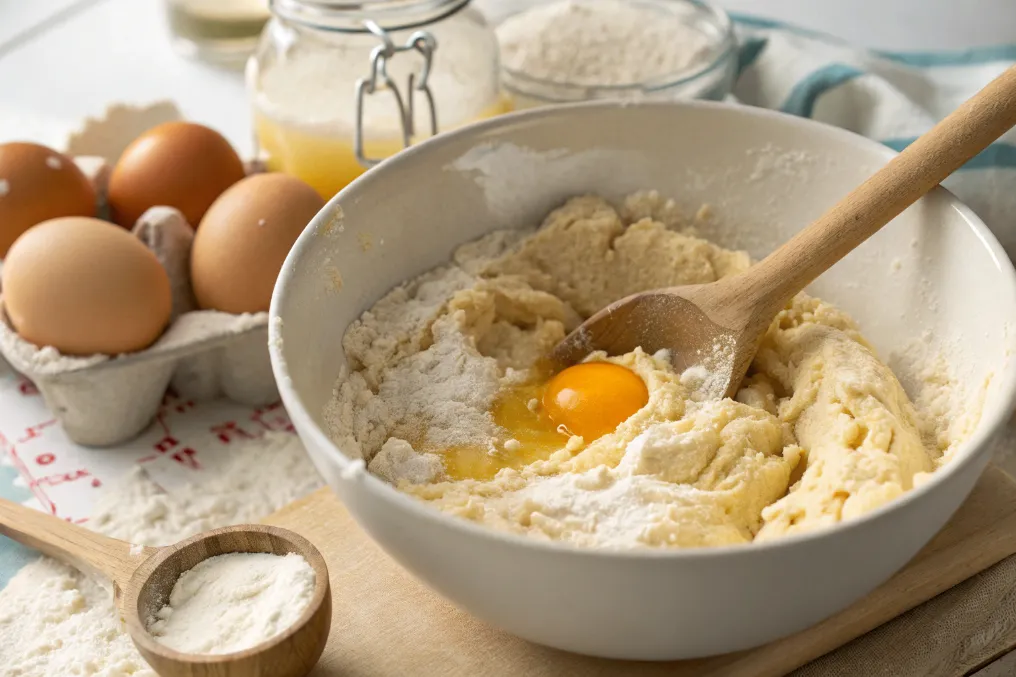 Zutaten wie Quark, Öl, Zucker und Mehl werden zu einem Quark-Öl-Teig verrührt.