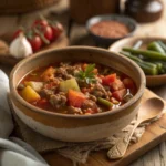 Räubertopf nach Omas Rezept mit Hackfleisch, Kartoffeln und Gemüse in cremiger Soße im gusseisernen Topf serviert.