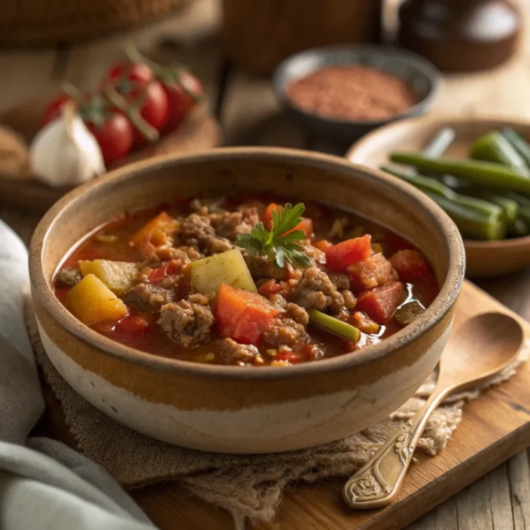 Räubertopf nach Omas Rezept mit Hackfleisch, Kartoffeln und Gemüse in cremiger Soße im gusseisernen Topf serviert.