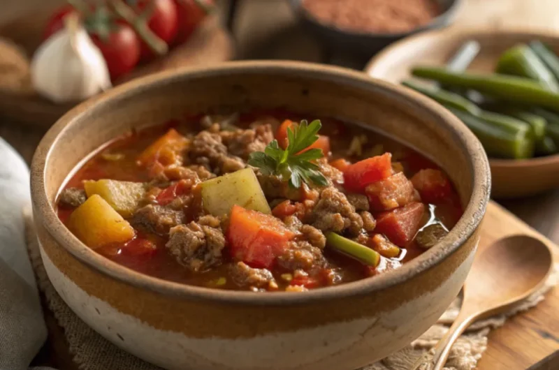 Räubertopf nach Omas Rezept mit Hackfleisch, Kartoffeln und Gemüse in cremiger Soße im gusseisernen Topf serviert.