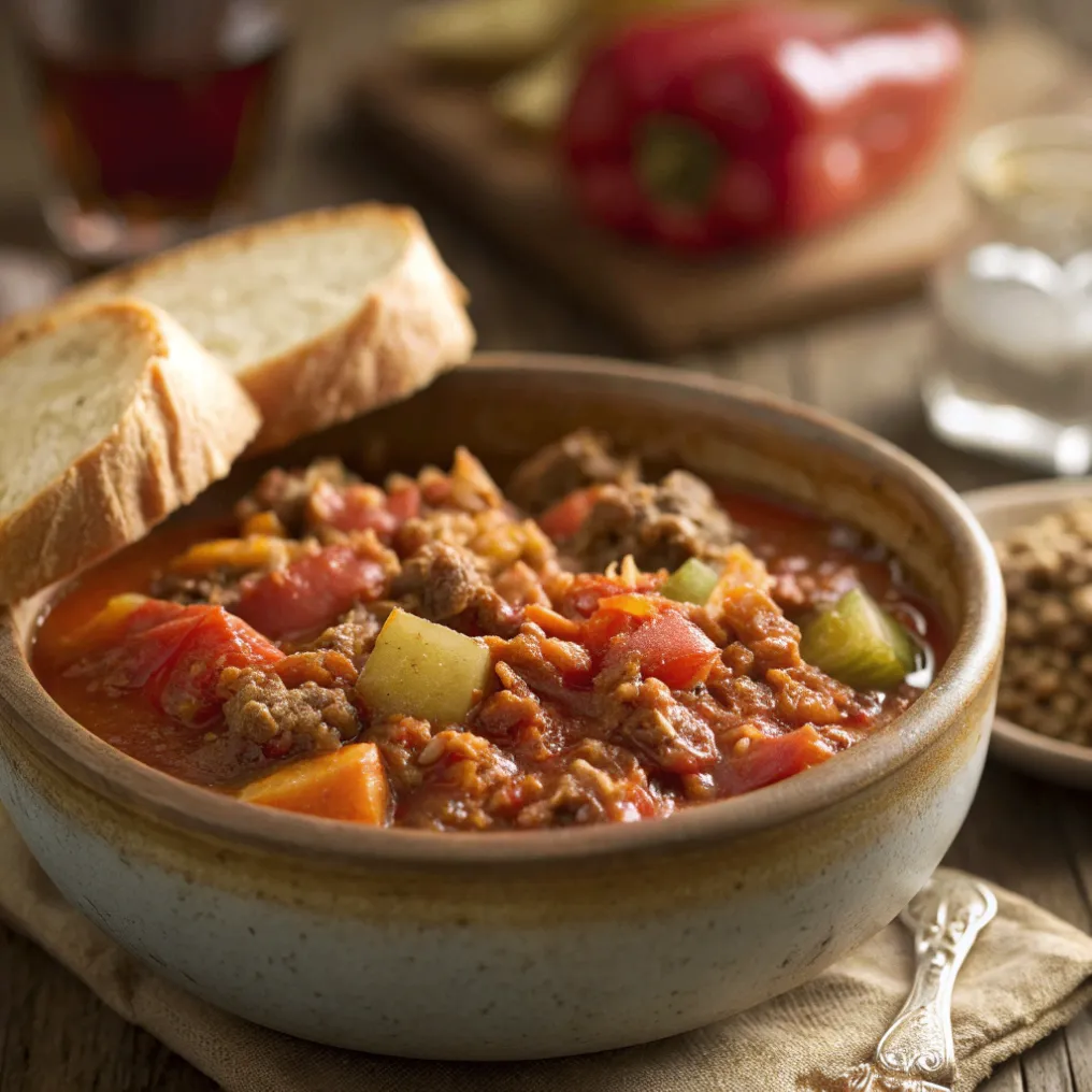 Räubertopf nach Omas Rezept mit Hackfleisch, Kartoffeln und Gemüse in cremiger Soße im gusseisernen Topf serviert.