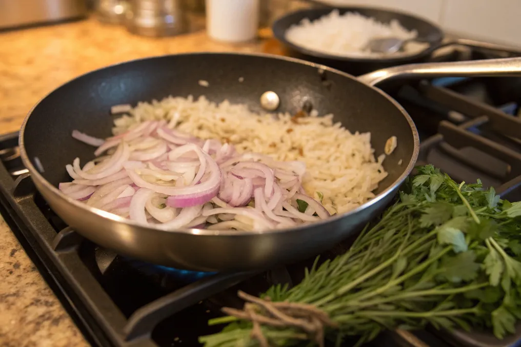 Zwiebeln und Reis in der Pfanne als Füllung für Gefüllte Weinblätter mit Reis