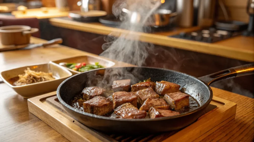 Goldbraune Rindfleischwürfel beim Anbraten in einer Pfanne