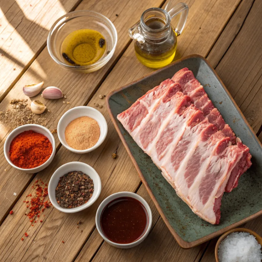 Frische Zutaten für Rippchen aus dem Airfryer mit Schweinerippchen, Gewürzen, Honig und BBQ-Soße auf Holztisch