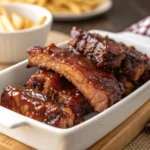 Knusprige und saftige Rippchen aus dem Airfryer mit BBQ-Glasur auf Holzbrett serviert