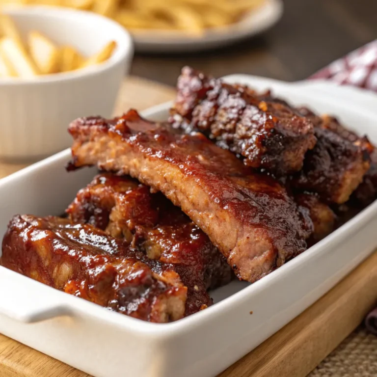 Knusprige und saftige Rippchen aus dem Airfryer mit BBQ-Glasur auf Holzbrett serviert