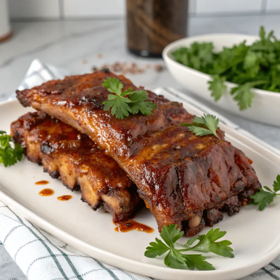 Knusprige und saftige Rippchen aus dem Airfryer mit BBQ-Glasur auf Holzbrett serviert