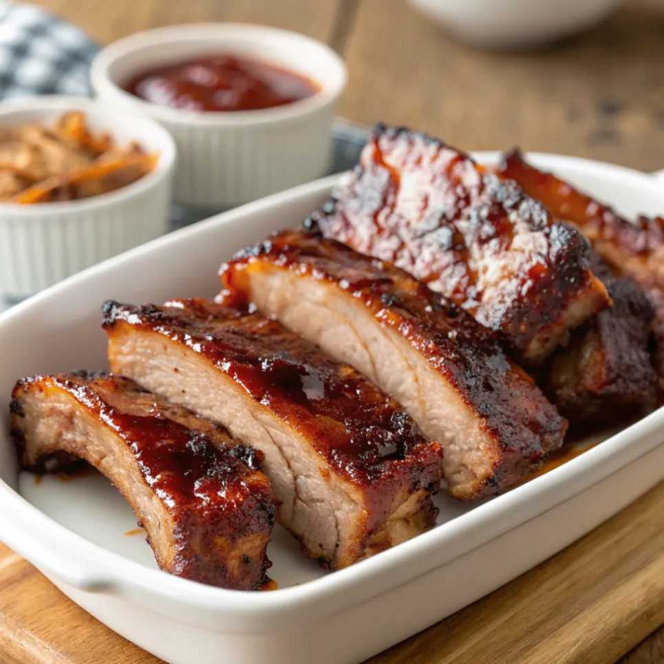 Knusprige und saftige Rippchen aus dem Airfryer mit BBQ-Glasur auf Holzbrett serviert