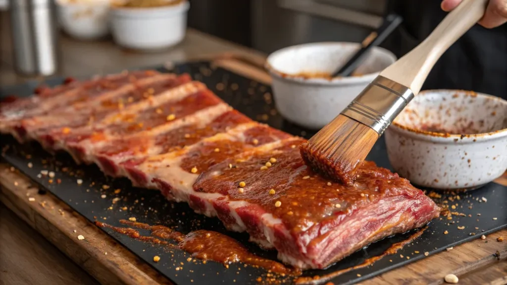 Schweinerippchen werden gleichmäßig mit Marinade bestrichen
