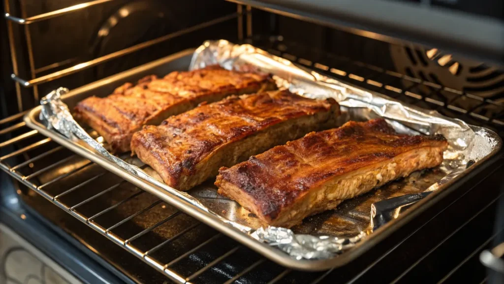 Schweinerippchen auf Gitter im Ofen, teilweise mit Folie bedeckt