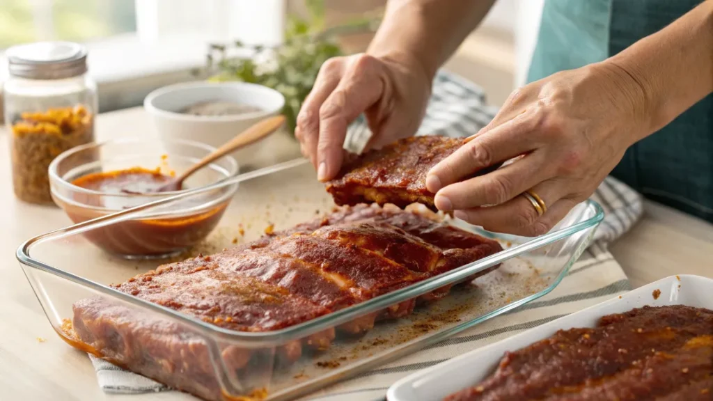 Hände bestreichen Schweinerippchen mit würziger Marinade