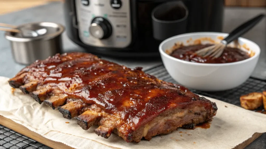 Schweinerippchen werden im Airfryer mit BBQ-Soße bestrichen