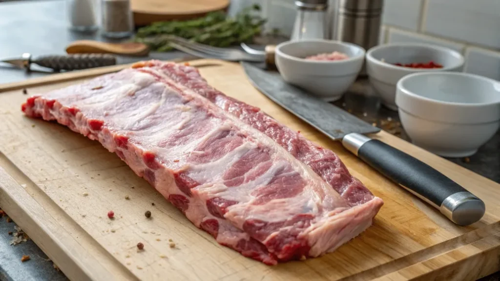 Frische Schweinerippchen auf Holzbrett, Silberhaut wird entfernt