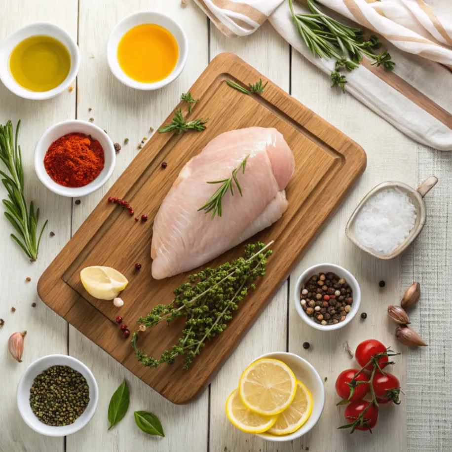 Frische Zutaten für Saftige Putenbrust aus dem Backofen – Putenbrust, Gewürze, Knoblauch und Zitronen auf Holzbrett